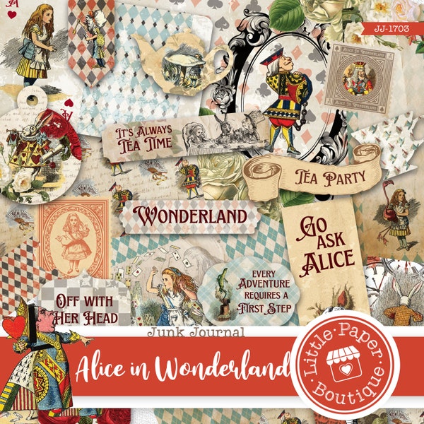 Alice im Wunderland (Through the Spiegel) Junk Journal Kit (FULL KIT) mit Scrapbook Printable Papiere, Tickets für den KOMMERZIELLEN Gebrauch