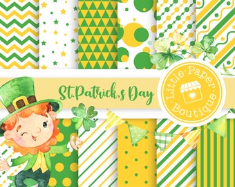 Leprechaun Digital Paper, Green Irish Pattern, Pot of Gold, Shamrock Digital Paper, Watercolor Clover, Horseshoe Paper, Printable St Patrick