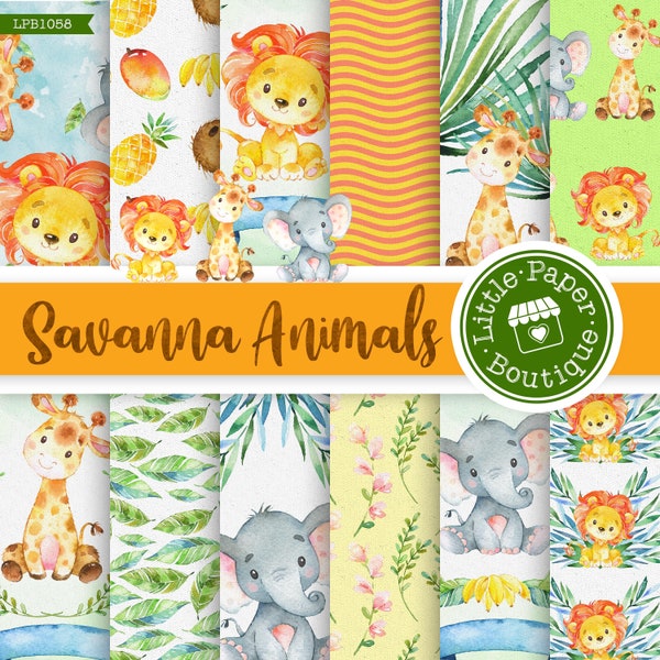 Safari Digital Papers Pack Hojas Imprimibles, Scrapbooking, Tarjetas, Decoración De Fiesta, África, Selva, León, Cumpleaños, Planificador Safari, Animal de la Selva