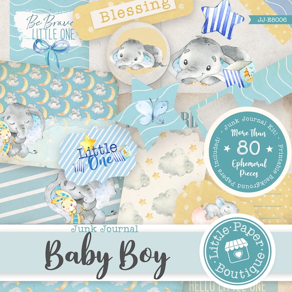 Baby Elephant Boy Digital Junk Journal Kit (FULL KIT) Ephemera Elements Clipart (Scrapbook Printable Pages and Tags)