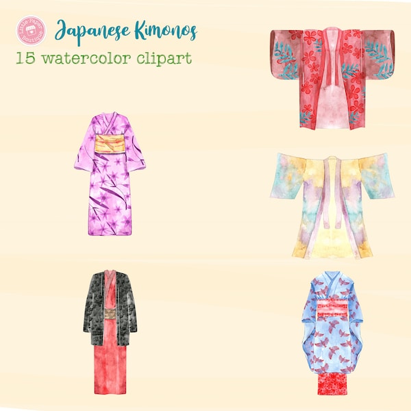 Japanese Elements clipart, watercolor Japanese Landscape, pink cherry blossoms,torii, Bonsai for instant download Kimonos Japanese clothes