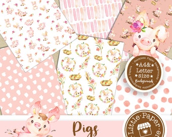 SEAMLESS A4 Letter Pig Piglet Farmland Digital Paper and Clip Art, Farm Animal Digital Scrapbook Paper, Barnyard Digital Paper Pack, Farm