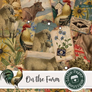 Carta digitale fattoria vintage, album di ritagli vintage, pacchetto di carta digitale di spartiti antichi, decoupage, sfondi del fienile della vita agricola Collage dorato