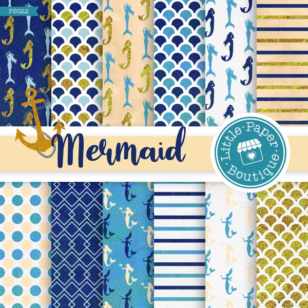 Mermaid Digital Paper, Background, Under the Sea Scrapbook Papers, Stripes, Polka Dots, Mermaid Scales  Fish Scales Digital Papers