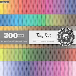May include: A digital paper pack with 300 tiny dot patterns in 20 main colors, 15 shades and tints. The patterns are 300 PPI and are available for instant download. The text "Tiny Dot" is displayed in the center of the image. The text "300 colors" is displayed in the top left corner of the image. The text "20 Main Colors, 15 Shades & Tints" is displayed below the text "300 colors". The text "300 PPI | Instant Download" is displayed below the text "Tiny Dot". The text "Little Paper Boutique" is displayed in a circle in the top right corner of the image.