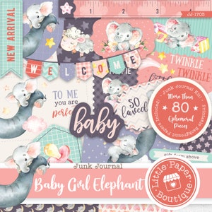 Baby Elephant Girl Digital Junk Journal Kit (FULL KIT) with Ephemera Elements (Scrapbook Printable Pages and Tags)