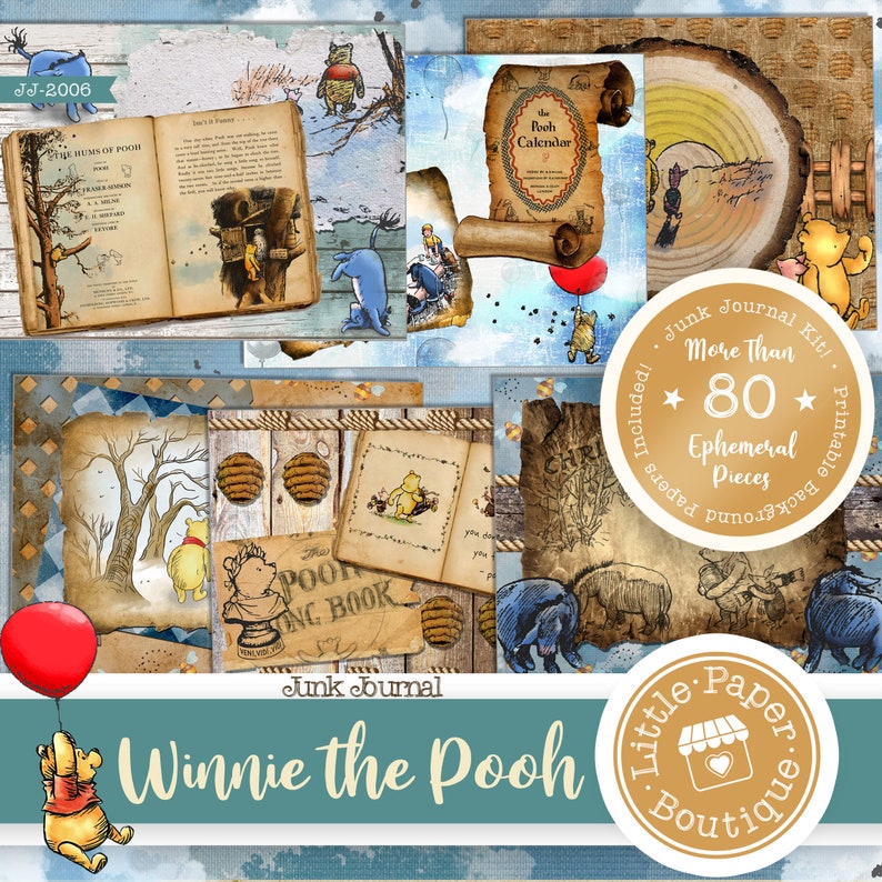 May include: A digital printable junk journal kit featuring Winnie the Pooh. The kit includes over 80 printable ephemera pieces, papers, and backgrounds. The kit is perfect for scrapbooking, card making, and other paper crafts.