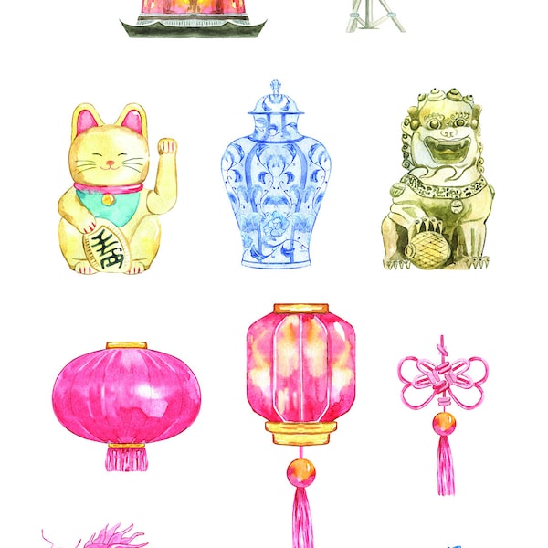 Chinese New Year Clipart, Planner Stickers Into The Orient Clipart & Papers Kit, dragon oriental asian ornamental fortune cookie fan