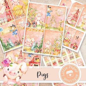 Kit de diário de lixo de porcos para impressão vintage japonês ATC, vintage, kit de diário, diário de lixo, cartões ATC, folhas de colagem horizontal, verso ATC
