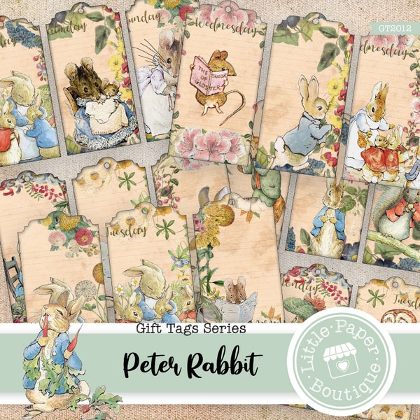 Peter Rabbit by Beatrix Potter Digital Gift Tags printable, vintage, journal kit, junk journal, ATC cards, horizontal collage, Printable Tag