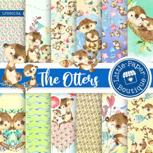Otter scrapbook papers,Watercolor Otters,Cute Otters and Sea Creatures ,Otter Printable Paper Otter,Otter Pattern Paper,Animal Digital Paper