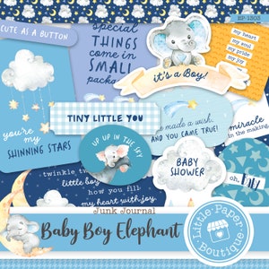 Baby Elephant Boy Digital Printable Paper with Ephemera Elements (Scrapbook Printable Pages and Tags), journaling cards, and sticker sheets