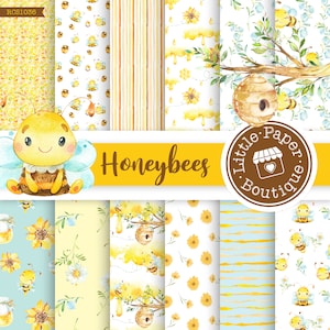 SEAMLESS Busy Bee Digital Paper, Scrapbook Papers, Background, Polka Dots, Stripes Bumble Bee, Bee Patterned Paper Pack, Honeycomb, Chevron