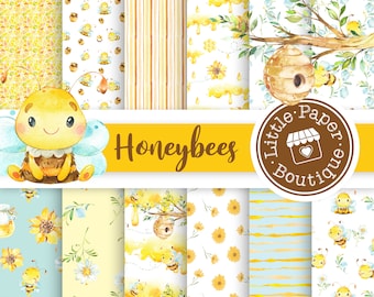 SEAMLESS Busy Bee Digital Paper, Scrapbook Papers, Background, Polka Dots, Stripes Bumble Bee, Bee Patterned Paper Pack, Honeycomb, Chevron