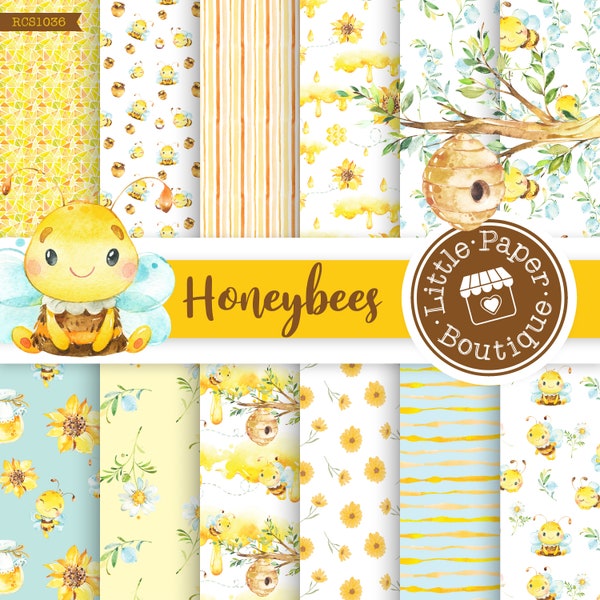 SEAMLESS Busy Bee Digital Paper, Scrapbook Papers, Background, Polka Dots, Stripes Bumble Bee, Bee Patterned Paper Pack, Honeycomb, Chevron