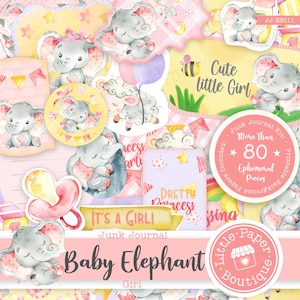 Kit diario digitale spazzatura Baby Elephant Girl (KIT COMPLETO) con elementi Ephemera (pagine stampabili ed etichette per album di ritagli)