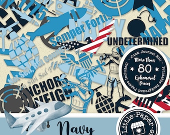 May include: A digital collage of navy blue, red, white, and black images. The images include an anchor, a globe, a plane, a star, a bomb, a gun, and a soldier. The text "Semper Fortis" and "Not Sen, But Coun" are visible. The text "More Than 80 Ephemeral Pieces" is in a circle with a star on each side. The text "Little Paper Boutique" is in a circle with a heart in the center. The text "Navy" is in large letters at the bottom of the image.