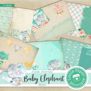 Baby Elephant (Mint) Growth Journal Clipart Backgrounds (A4 & Letter Size Digital Junk Journal Scrapbook Páginas imprimibles)