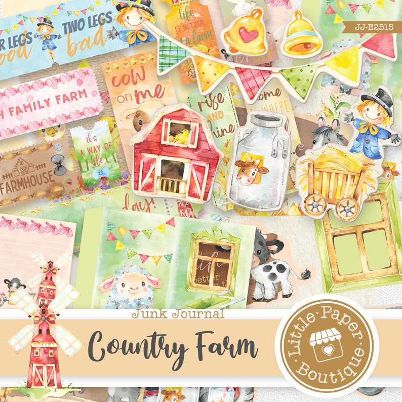 Country Farm Animals Digital Junk Journal Kit FULL KIT with Scrapbook Printable Papers, Tickets and Ephemera for COMMERCIAL Use image 3