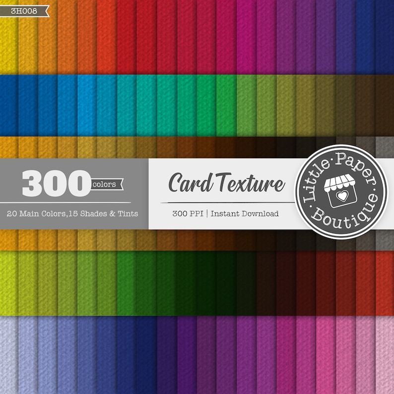 Puede incluir: Un paquete de papel digital con 300 colores, incluyendo 20 colores principales, 15 tonos y 15 matices. El paquete de papel tiene una textura de tarjeta y es de 300 PPI. La imagen muestra una variedad de colores, incluyendo rojo, naranja, amarillo, verde, azul, morado y marr&oacute;n.