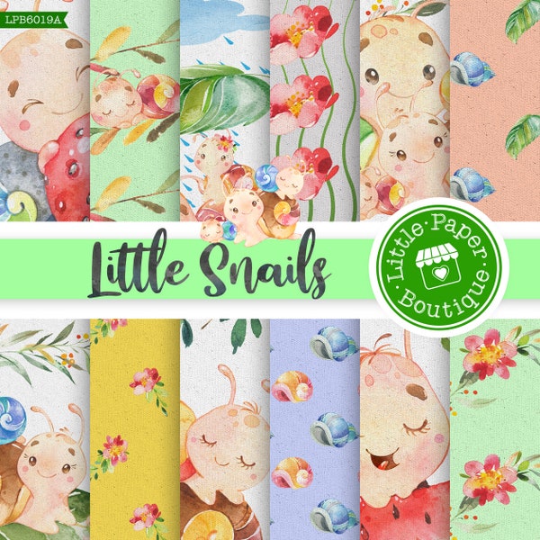 Watercolor Snail Digital paper pack, Scrapbook Paper, Seamless patterns, Animal Watercolor, Kids Room Decor, Home decor, Digital Download,