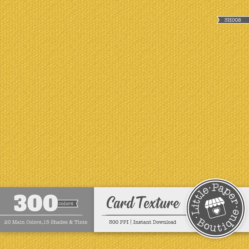 Puede incluir: Una textura de cartulina amarilla con un sutil patr&oacute;n de grano. La imagen incluye el texto "300 colores", "Textura de tarjeta", "300 PPI | Descarga instant&aacute;nea", y un logotipo para "Little Paper Boutique".