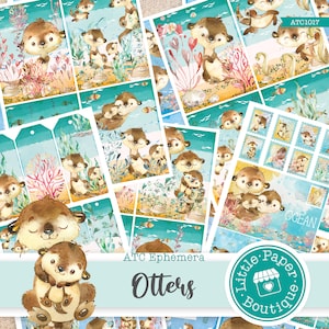 Otters junk journal kit printable vintage Japanese ATC, vintage, journal kit, junk journal, ATC cards, horizontal collage sheets, ATC back