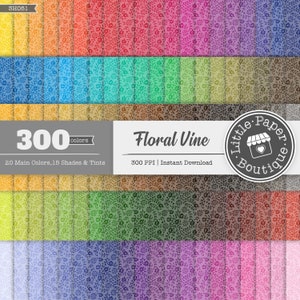 May include: A digital paper pack with 300 floral vine patterns in various colors. The patterns are a repeating design of small flowers and vines. The text on the image reads "300 colors, 20 Main Colors, 15 Shades & Tints, Floral Vine, 300 PPI | Instant Download, Little Paper Boutique".