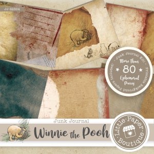 May include: A digital junk journal kit featuring Winnie the Pooh and friends. The kit includes over 80 pieces of ephemera, including background papers, images, and text. The kit is perfect for creating unique and personalized journals.