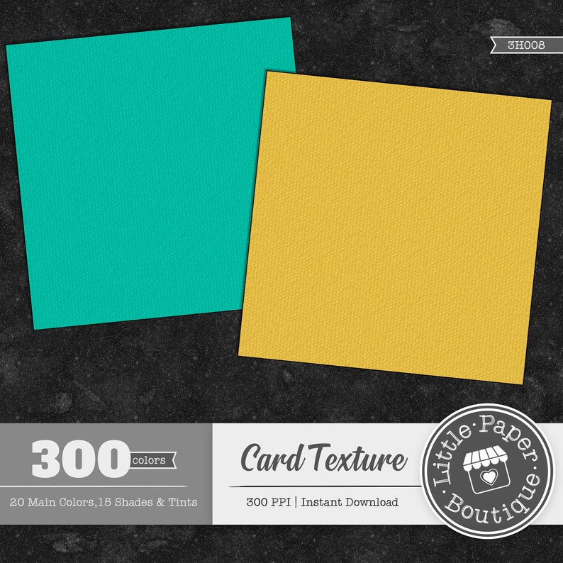 Puede incluir: Dos texturas de papel digital, una turquesa y otra amarilla, con un aspecto texturizado. El texto "Card Texture" est&aacute; debajo de las im&aacute;genes, junto con el texto "300 PPI | Descarga instant&aacute;nea". El texto "300 colores" est&aacute; en un cuadro gris encima de las im&aacute;genes, con el texto "20 colores principales, 15 tonos y matices" debajo. El texto "Little Paper Boutique" est&aacute; en un c&iacute;rculo con un peque&ntilde;o icono de casa.