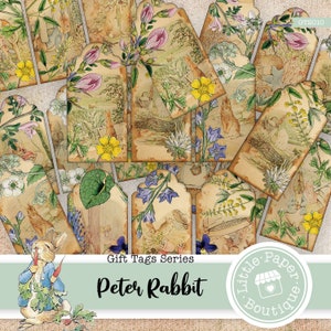 Peter Rabbit by Beatrix Potter Digital Gift Tags printable, vintage, journal kit, junk journal, ATC cards, horizontal collage, Printable Tag