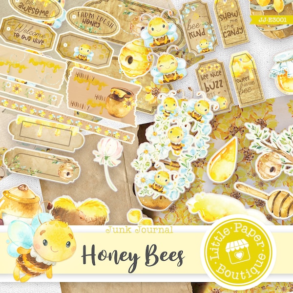 Honey Bees Digital Junk Journal Kit (FULL KIT) Bumble Bees and Hives Ephemera Elements Clipart (Scrapbook Printable Pages and Tags)