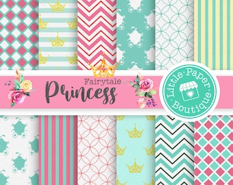 Puede incluir: Un conjunto de 10 patrones de papel digital con temática de princesa. Los patrones incluyen colores rosa, azul, amarillo y blanco con diseños de coronas, carruajes, rayas y formas geométricas. El texto "Fairytale Princess" y "Little Paper Boutique" se incluye en la imagen.