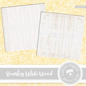May include: Two seamless white wood textures. The wood grain is visible in both textures. The textures are perfect for use in digital scrapbooking, card making, and other craft projects.