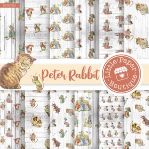 May include: A collection of patterned papers featuring illustrations of Peter Rabbit and other characters from the children's book series. The designs include rabbits, squirrels, and mice on a white wood grain background. The Little Paper Boutique logo is also visible.