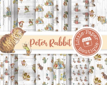 May include: A collection of patterned papers featuring illustrations of Peter Rabbit and other characters from the children's book series. The designs include rabbits, squirrels, and mice on a white wood grain background. The Little Paper Boutique logo is also visible.