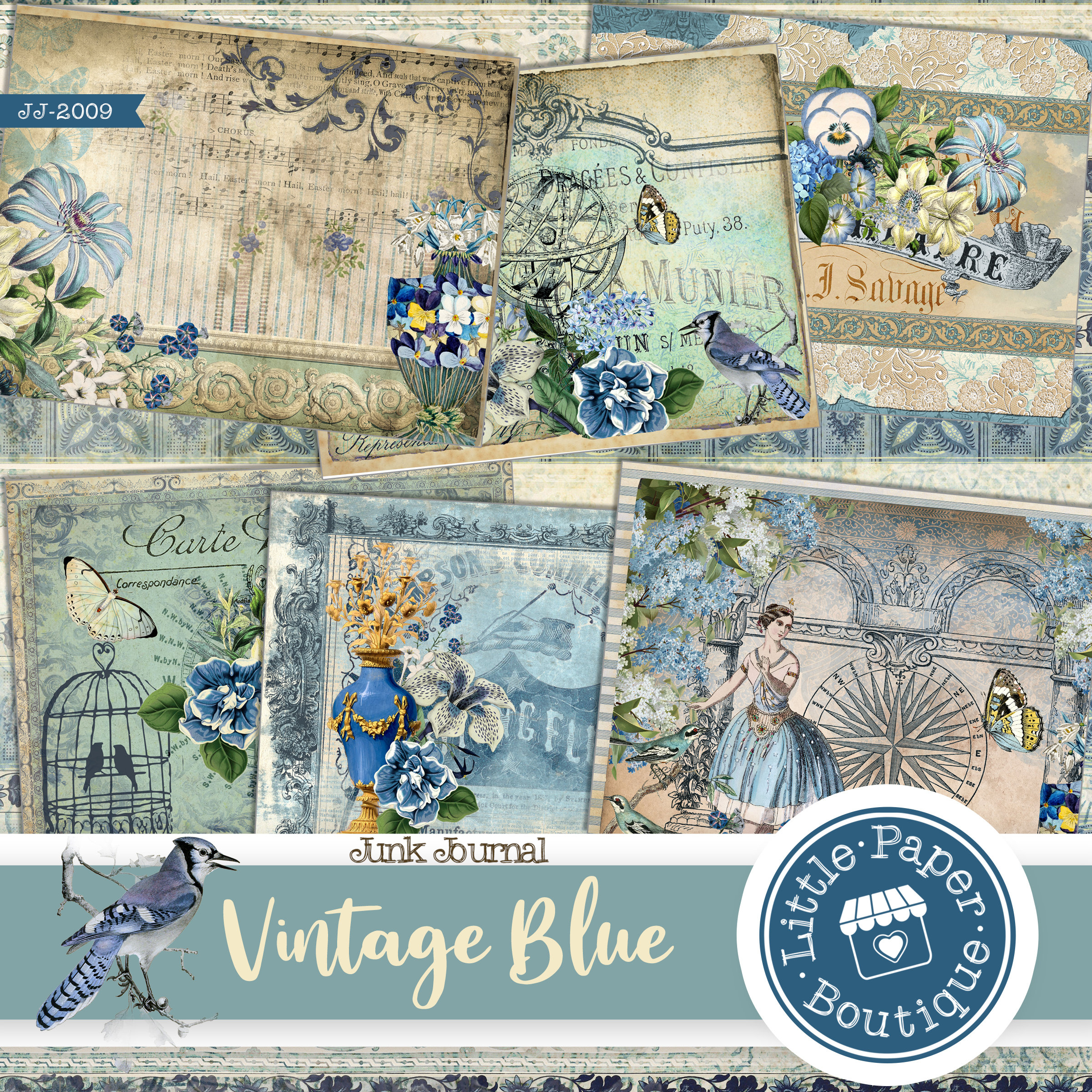 Vintage French Blue Digital Junk Journal Kit (FULL KIT) With Scrapbook ...