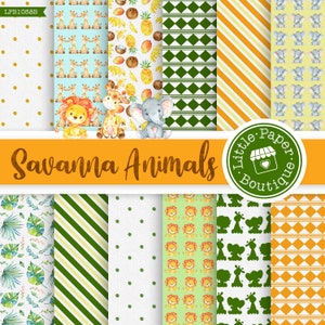 Safari Digital Papers Pack Printable Sheets, Scrapbooking, Cards, Party Decor, Africa, Jungle, Lion, Birthday, Planner safari, jungle animal