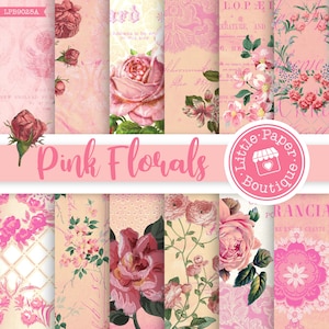 Floral Digital Junk Journal Pages, Shabby Chic Digital Paper Pack, Roses Scrapbook vintage floral printable backgrounds Spring floral