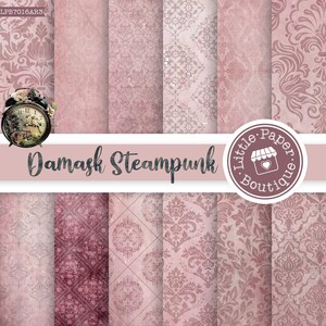 May include: A set of 8 digital papers featuring a pink damask pattern with a steampunk aesthetic. The papers are perfect for scrapbooking, card making, and other crafting projects. The papers are available in a digital download format.