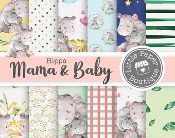 Hippo digital paper, Hippo pattern, Baby Shower, Cute hippo paper, Baby girl paper, Baby boy paper pack, Mother and baby, mamma Mother’s Day