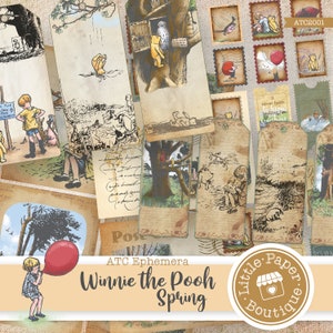 Journal indésirable de Winnie l'ourson ATC, imprimable, automne, action de grâces, vintage, kit de journal, journal indésirable, cartes ATC, feuilles de collage horizontales