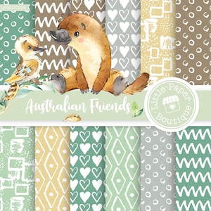 Australian Animals Digital Paper Pack, Kangaroo, Platypus, Quokka, Aussie Cute Australia Digital Paper, Animals Pattern Australia Pattern
