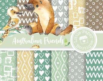 Australian Animals Digital Paper Pack, Kangaroo, Platypus, Quokka, Aussie Cute Australia Digital Paper, Animals Pattern Australia Pattern