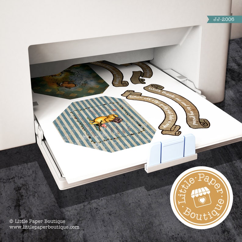 May include: A white printer with a sheet of paper in the tray. The paper has several printed images of Winnie the Pooh characters and quotes. The quotes include "When all the fluffy dust settles down" and "With beside me and be my friend".