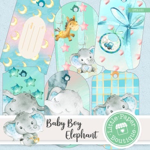 Baby Boy Elephant junk journal Gift Tags, printable, vintage, journal kit, junk journal, ATC cards, horizontal collage, Printable Tags