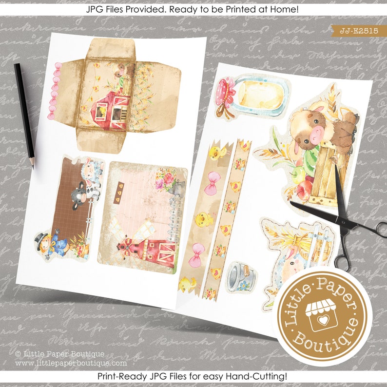 Country Farm Animals Digital Junk Journal Kit FULL KIT with Scrapbook Printable Papers, Tickets and Ephemera for COMMERCIAL Use image 2