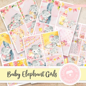 Kit de diario basura Baby Elephant Girl, imprimible, Valentine ATC vintage, kit de diario, diario basura, tarjetas ATC, hojas de collage horizontales, ATC