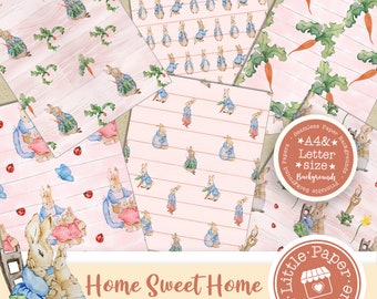 May include: A set of eight digital paper designs featuring a repeating pattern of a bunny rabbit in a blue jacket and a pink background. The text "Home Sweet Home" is at the bottom of the image. The text "Seamless Paper Backgrounds *A4& Letter size*" is in a circle at the top right of the image.