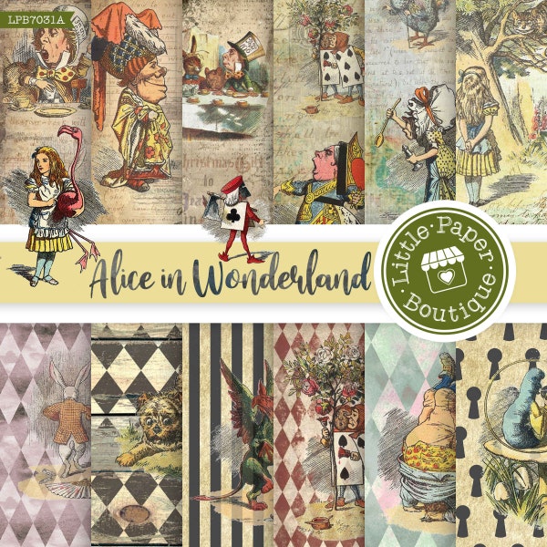 Vintage Alice in Wonderland Classic Illustrations Set, Vintage Alice In Wonderland Scrapbooking Images Mad Hatter Tea Party Background